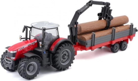 Bburago Farmland traktor MASSEY FERGUSON 8740S s nakladačem a přívěsem na dřevo 10 cm
