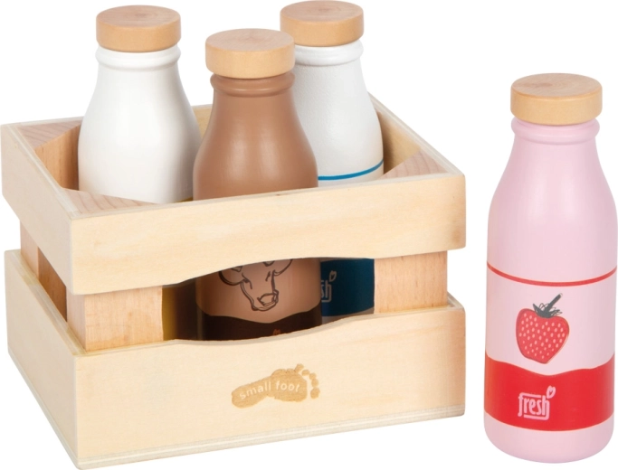 Small foot dřevěná přepravka s mléčnými nápoji