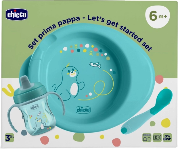 Chicco startovní sada na krmení – talíř, tréninkový hrnek a lžička modrá 6m+