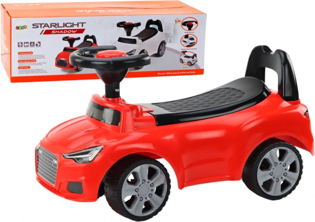 Odrážedlo s opěrkou, klaksonem a úložným prostorem – červené