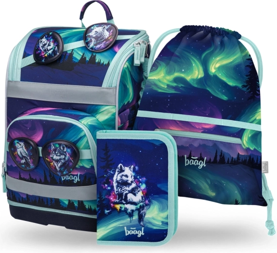 Baagl školní set Zippy Plus Aurora – aktovka, penál a sáček s GRS certifikací