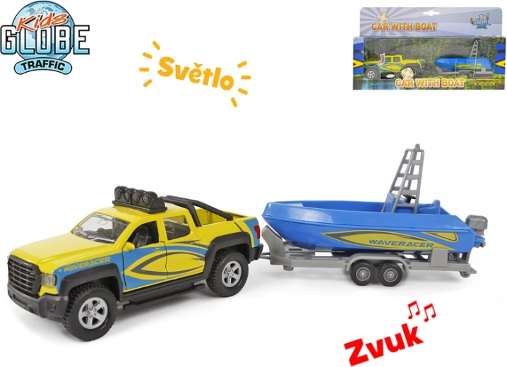 Kids Globe Traffic tahač s lodí 27 cm, kovový model se světlem a zvukem