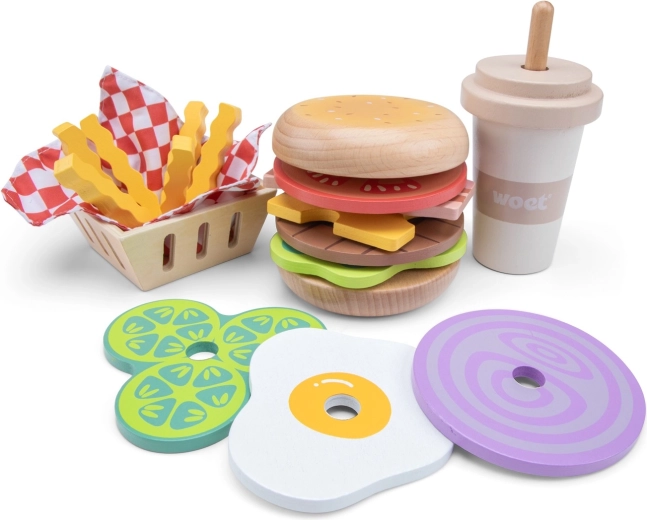 Dřevěná sada rychlého občerstvení – hamburger, hranolky a milkshake