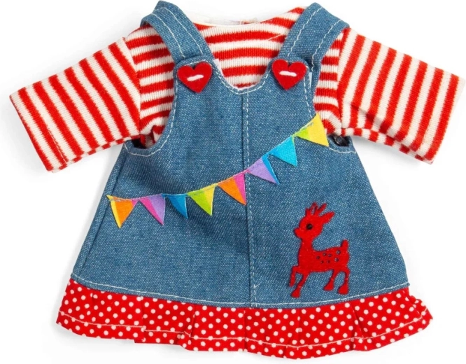 Bigjigs Toys džínové šaty s laclem a pruhovaným tričkem pro panenku 28 cm