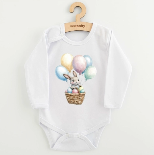 Dětské body s potiskem New Baby králíček s balónky, dlouhý rukáv