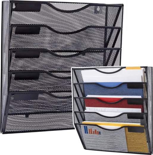 Kovový nástěnný organizér na dokumenty A4, 5 přihrádek, černý