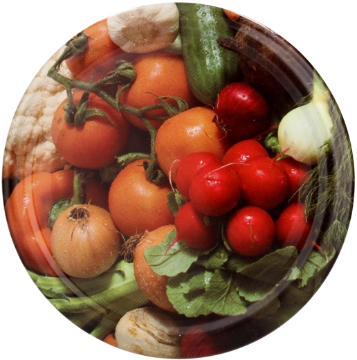 Sada víček na zavařování 82 mm s motivem zeleniny (ředkvičky a cibulka) – 10 ks