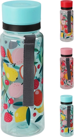 Plastová láhev na pití 600 ml s poutkem – mix ovocných dekorů