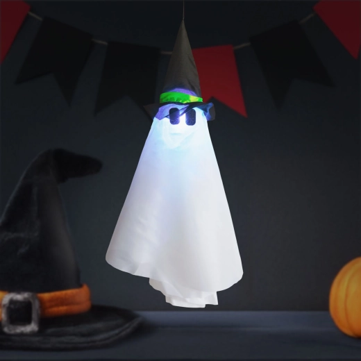 Závěsná halloweenská dekorace duch s RGB LED osvětlením 70 × 50 cm