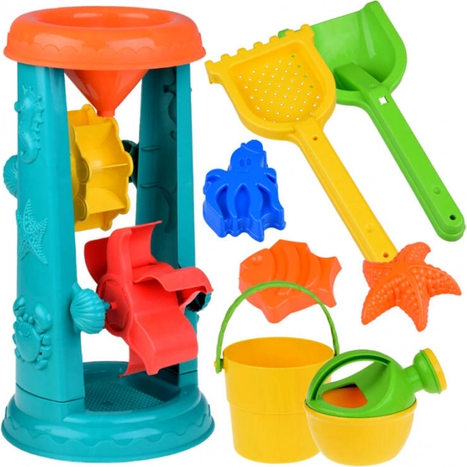 Velká sada písečných hraček s kyblíkem, hrabičkami a vodním kolem