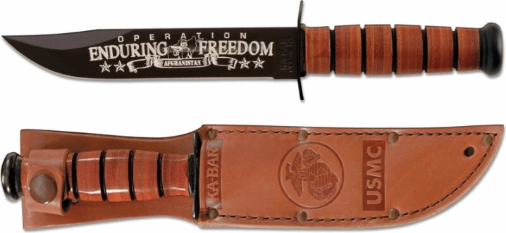 Ka-Bar pamětní vojenský nůž U.S.M.C. OEF Afghanistan 17,8 cm, černý, kožená rukojeť, kožené pouzdro