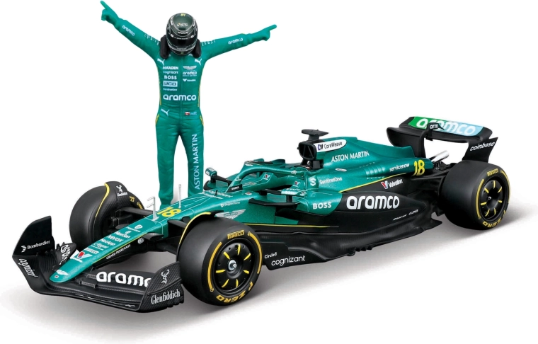 Bburago model formule 1 Aston Martin AMR25 2025 lance stroll (číslo 18) 1:24 s figurkou jezdce