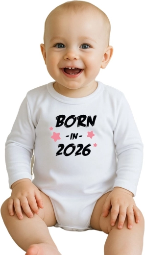 Dětské bavlněné body s potiskem New Baby Born in 2026, růžové, dlouhý rukáv