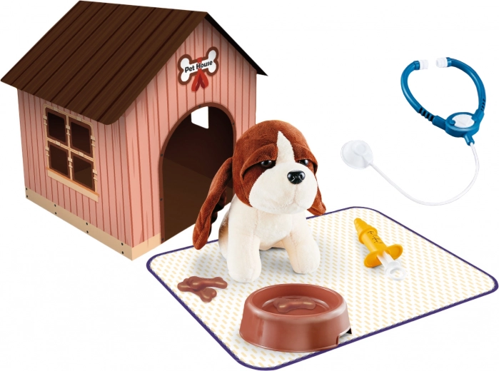 Plyšový pejsek s boudou a taštičkou 18 cm