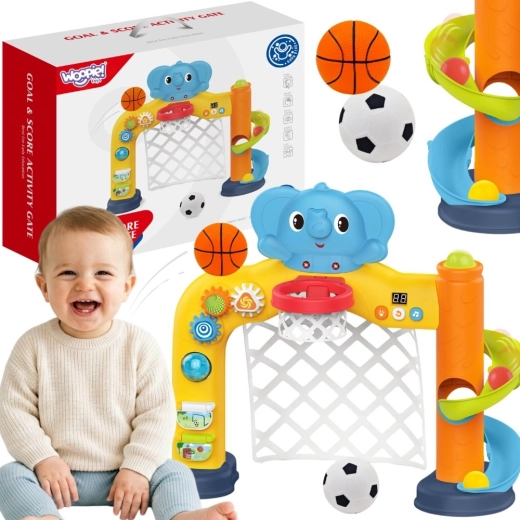 Woopie baby interaktivní sportovní centrum 2v1 – branka a basketbalový koš se sloníkem