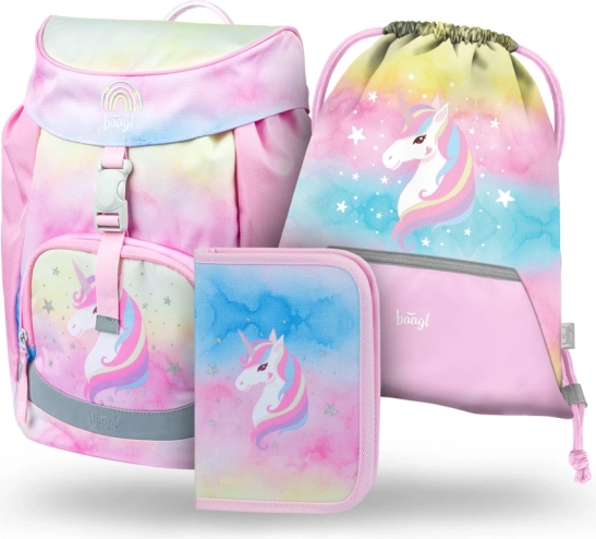 Školní set BAAGL Airy Rainbow Unicorn – batoh, penál a sáček