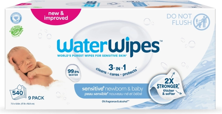 Vlhčené ubrousky WATERWIPES Newborn & Baby 3v1, 9×60 ks (celkem 540 ks)