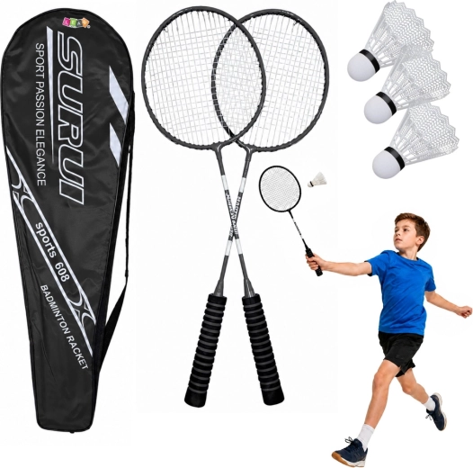 Sada na badminton se 2 raketami, 3 plastovými košíčky a pouzdrem, černá