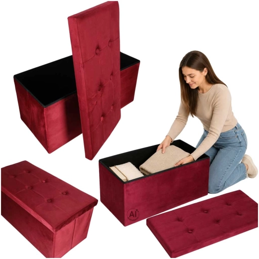 Skládací velurová lavice/pufa s úložným prostorem bordó 77 × 38 × 37 cm - 1 kus