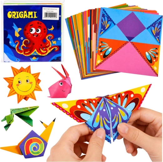 Dětská origami sada s barevnými papíry a návodem (100 listů)