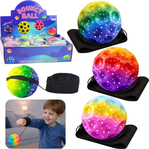 Senzorický míček na gumičce s náramkem, duhový, 6 cm