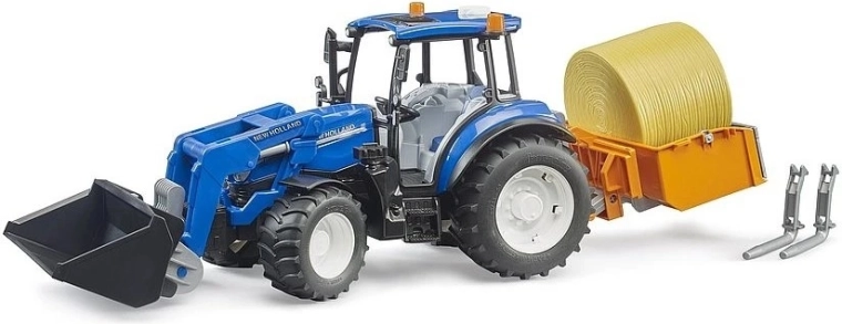 Bruder traktor NEW HOLLAND T5.120 s čelním nakladačem, korbou, vidlemi a balíkem sena