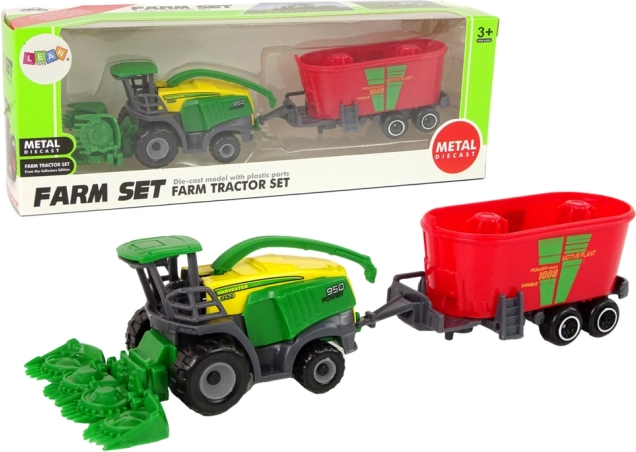 Kombajn s přívěsem – zeleno‑červený zemědělský stroj, plastová hračka