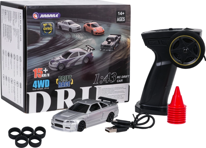 Stříbrné RC auto na drift 1:43 s příslušenstvím