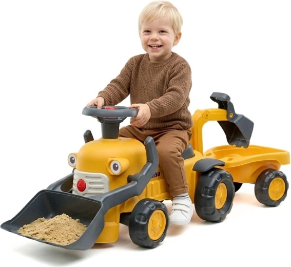 Odrážedlo Komatsu s nakladačem, rypadlem a přívěsem