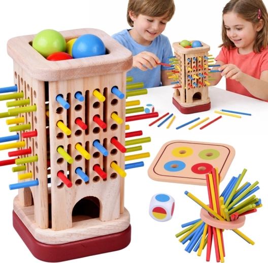 Dřevěná zručnostní hra s barevnými tyčkami a kuličkami