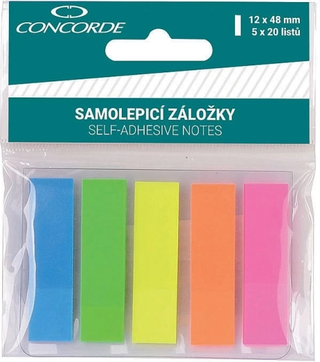 Samolepicí záložky neonové CONCORDE 12 × 48 mm, 5 barev