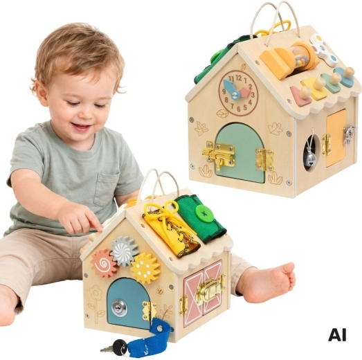 Tooky Toy dřevěný manipulační domeček s aktivitami a zámky