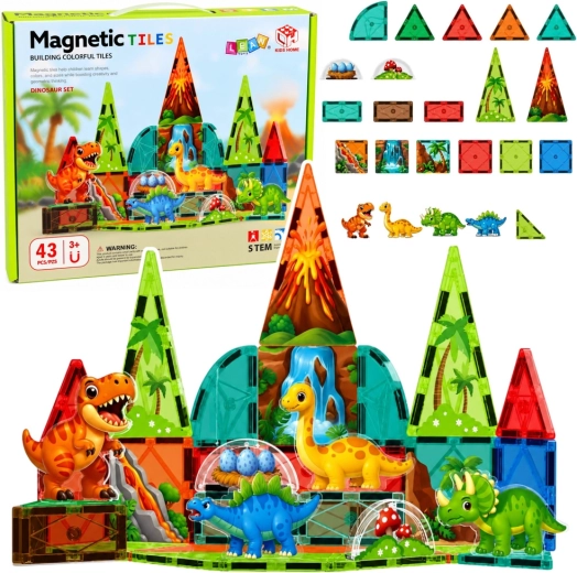Magnetické stavební dílky dinosauři – sopka, barevná sada 43 ks