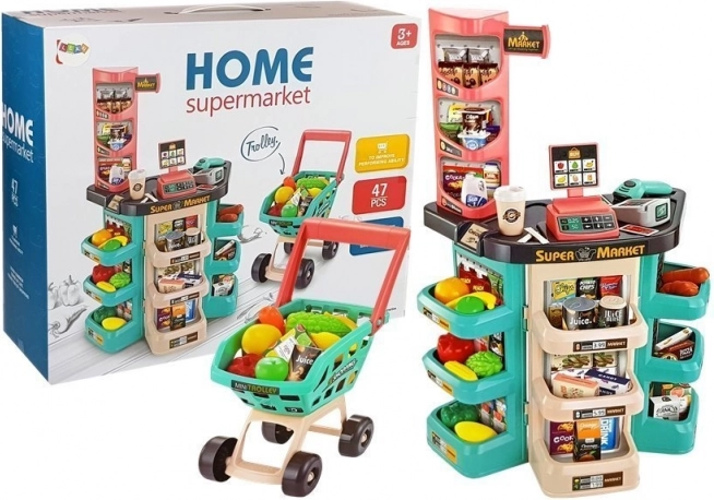 Dětský supermarket set s košíkem, pokladnou, váhou a skenerem (47 dílů)