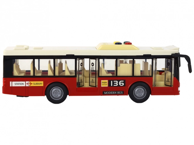 Červený městský autobus na baterie se světly a zvuky 1:16