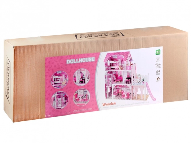 Velký dřevěný domeček pro panenky se skluzavkou a LED osvětlením
