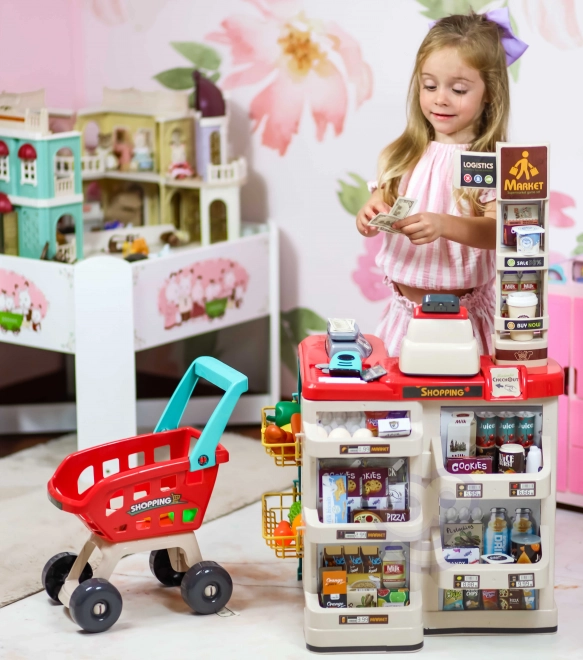 Supermarket s nákupním vozíkem a skenerem