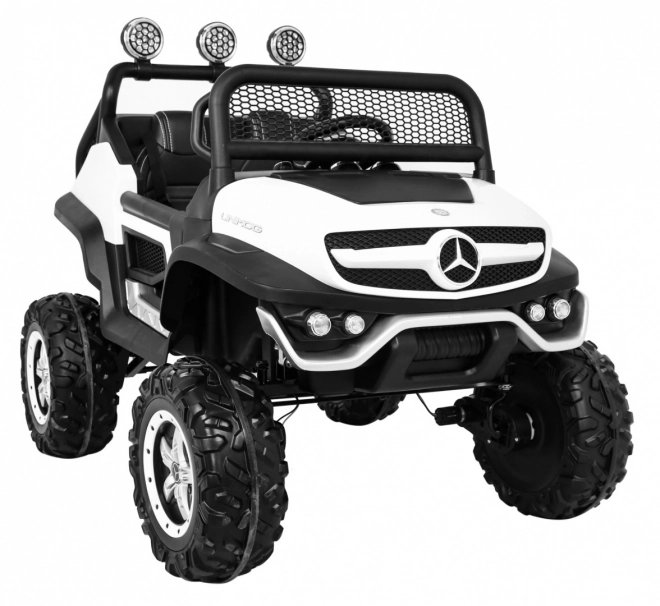 Mercedes Benz Unimog pro děti bílý + pohon 4x4 + dálkové ovládání + nosič zavazadel + pomalý start + MP3 LED