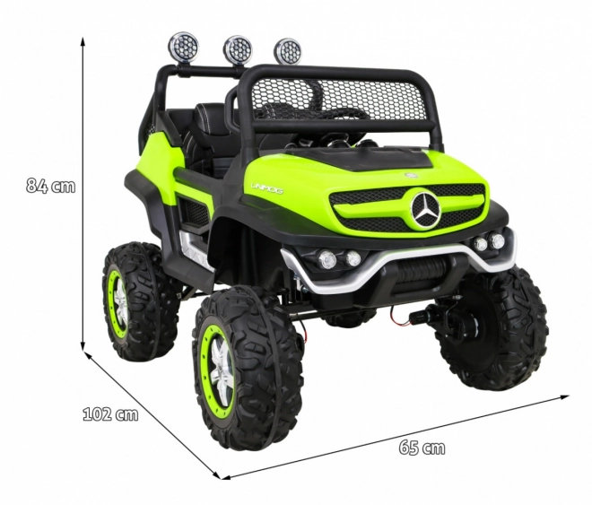 Mercedes Benz Unimog pro děti Zelený + pohon 4x4 + dálkové ovládání + zavazadlový prostor + pomalý start + MP3 LED