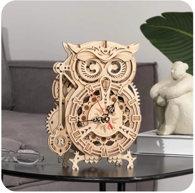 3D dřevěný mechanický puzzle Soví hodiny