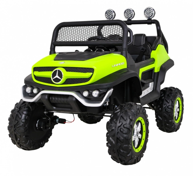Mercedes Benz Unimog pro děti Zelený + pohon 4x4 + dálkové ovládání + zavazadlový prostor + pomalý start + MP3 LED