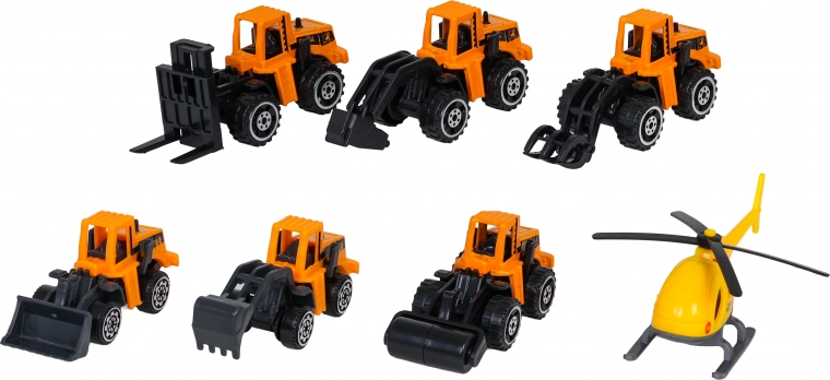 6 stavebních vozidel a helikoptéra