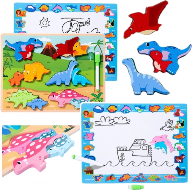 Dřevěná vzdělávací skládačka dinosauři s kreslicí tabulí