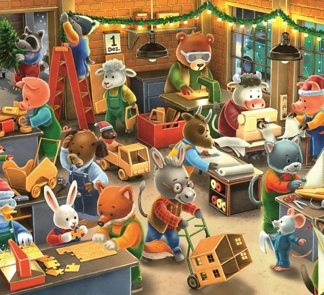 Ravensburger puzzle Vánoční kouzlo v továrně na hračky 2x12 dílků