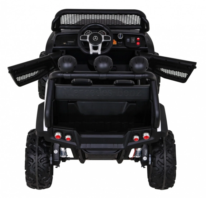 Mercedes Benz Unimog pro děti bílý + pohon 4x4 + dálkové ovládání + nosič zavazadel + pomalý start + MP3 LED