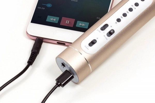Mikrofon karaoke Bluetooth na baterie s USB kabelem v krabici 10x28x8,5cm – Zlatý
