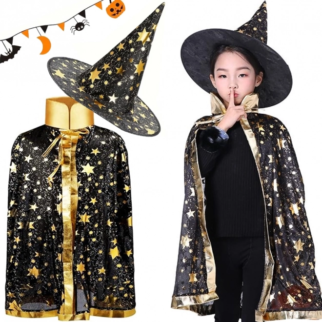 Dětský čarodějnický kostým s hvězdami – plášť a klobouk na Halloween