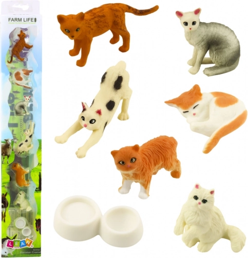 Sada mini figurek koček s miskou na krmení