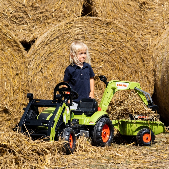 Šlapací traktor Claas Arion 410 s radlicí a zadní lžící a valníkem zelený