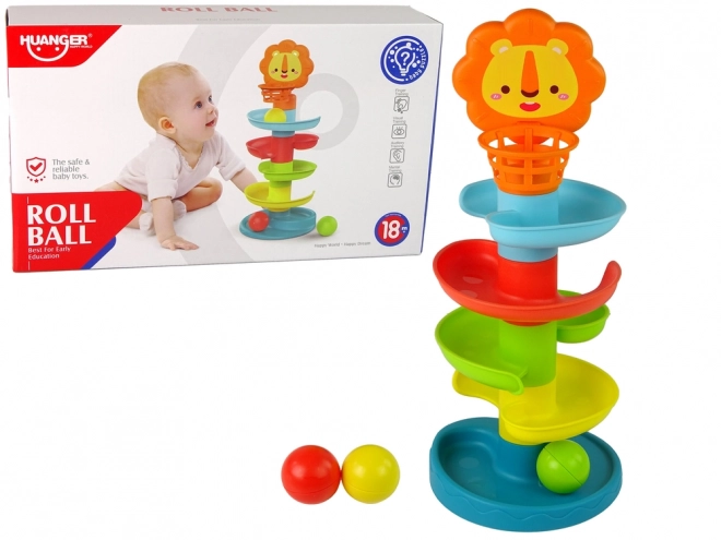 Edukativní skluzavka pro míčky, 5 úrovní, lev a koš